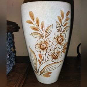 Vintage Glazed Floral Cream and Brown Vase